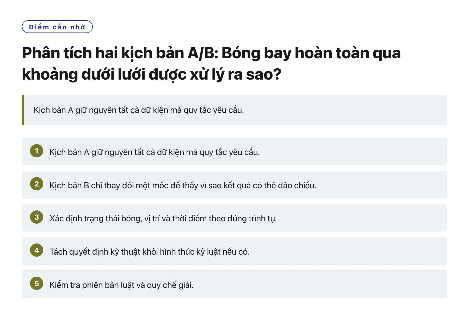 Phân tích hai kịch bản A/B: Bóng bay hoàn toàn qua khoảng dưới lưới được xử lý ra sao?——全文要点速览