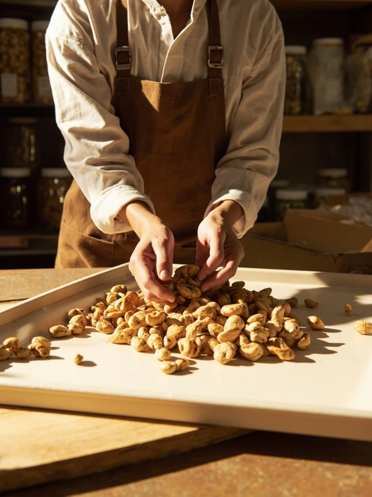 Hands sorting raw cashews inside the Ojai climate-controlled warehouse