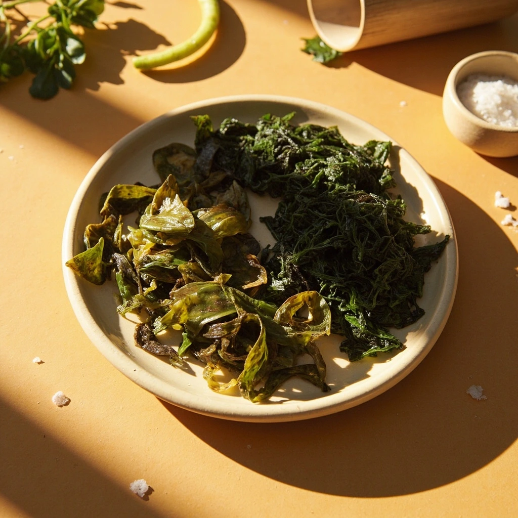 Raw seaweeds arranged on a ceramic plate