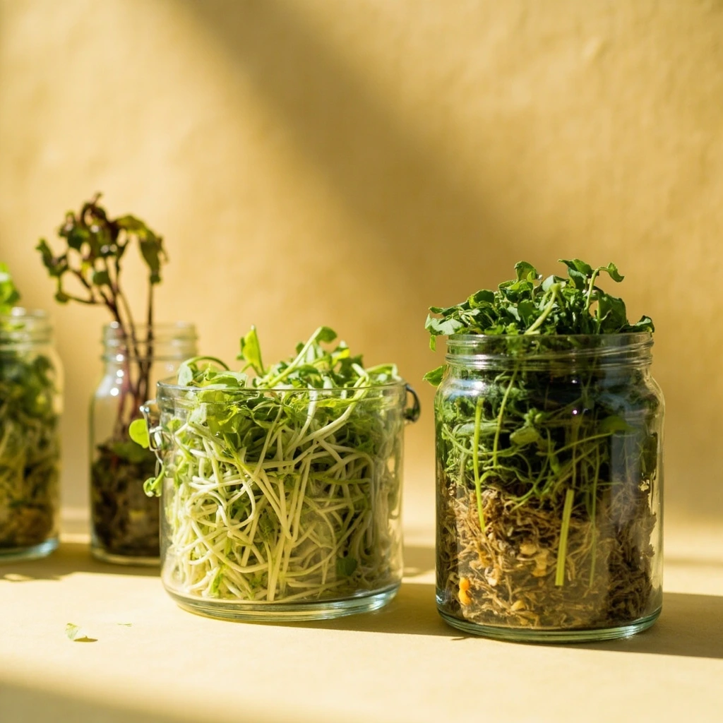 Glass jars filled with living alfalfa and sunflower sprouts