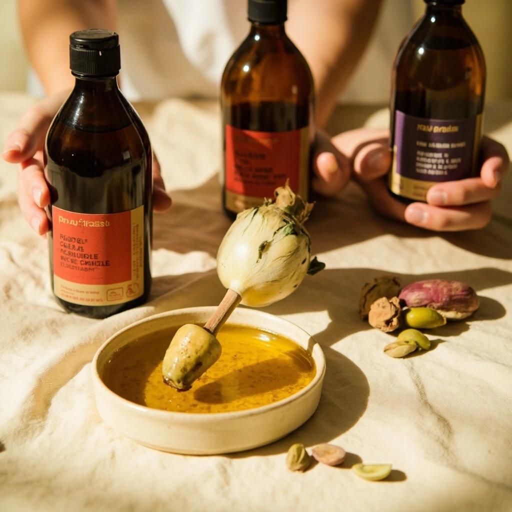 Amber glass bottle of cold-pressed olive oil